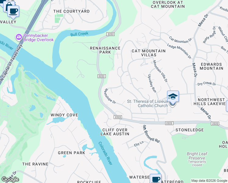 map of restaurants, bars, coffee shops, grocery stores, and more near 5805 Westslope Cove in Austin