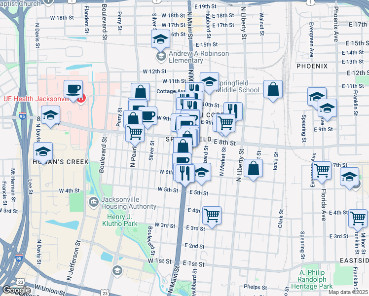 map of restaurants, bars, coffee shops, grocery stores, and more near in Jacksonville