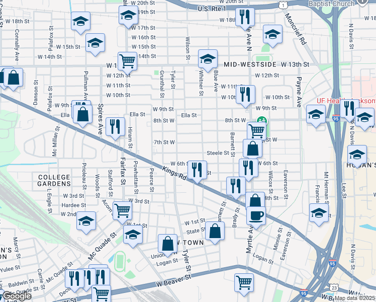 map of restaurants, bars, coffee shops, grocery stores, and more near 1555 Steele Street in Jacksonville
