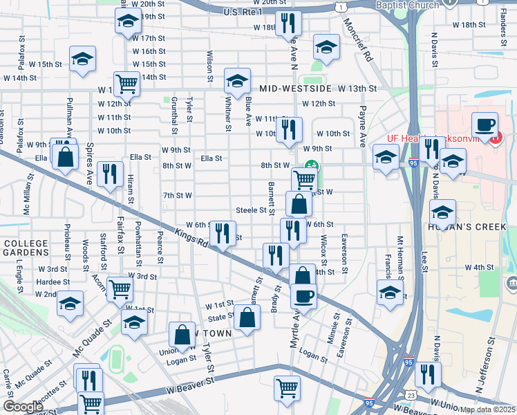 map of restaurants, bars, coffee shops, grocery stores, and more near 1429 Steele Street in Jacksonville
