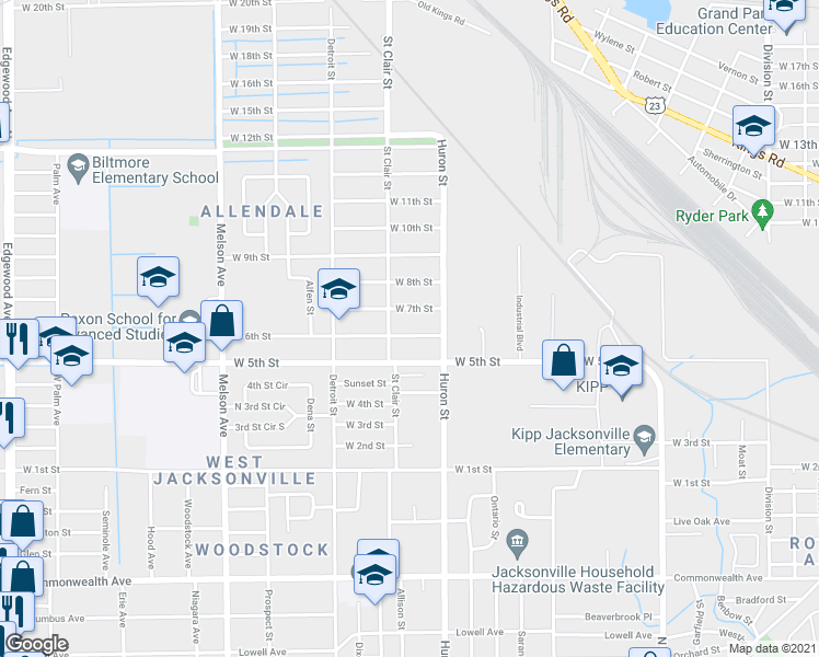 map of restaurants, bars, coffee shops, grocery stores, and more near 2855 W 6th St in Jacksonville