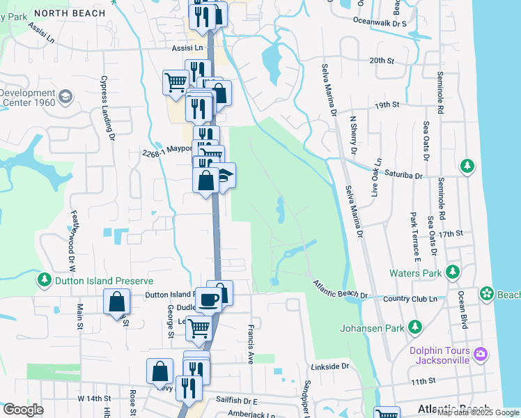 map of restaurants, bars, coffee shops, grocery stores, and more near 1747 Maritime Oak Drive in Atlantic Beach