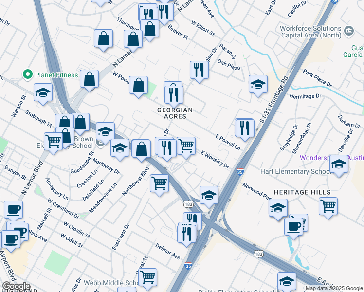 map of restaurants, bars, coffee shops, grocery stores, and more near 301 Wonsley Drive East in Austin