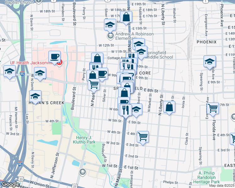 map of restaurants, bars, coffee shops, grocery stores, and more near 1721 North Laura Street in Jacksonville