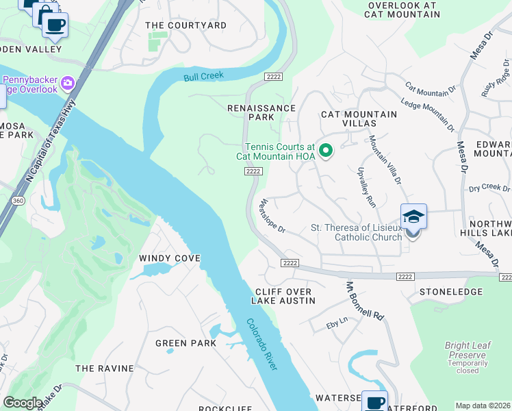 map of restaurants, bars, coffee shops, grocery stores, and more near 5834 Westslope Drive in Austin