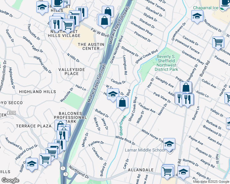 map of restaurants, bars, coffee shops, grocery stores, and more near 3102 Hunt Trail in Austin