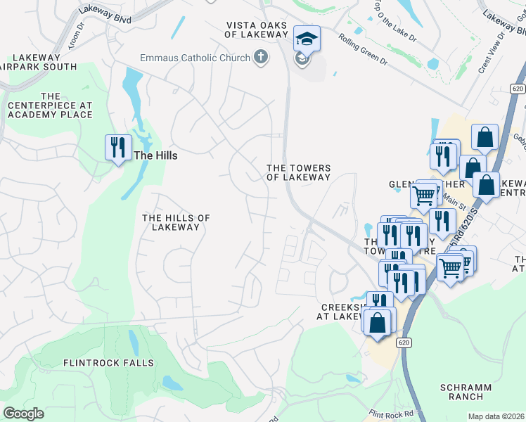 map of restaurants, bars, coffee shops, grocery stores, and more near 7 Sunview Road in The Hills