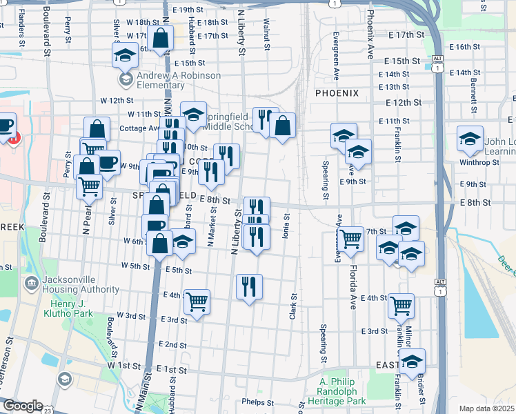 map of restaurants, bars, coffee shops, grocery stores, and more near 1760 Walnut Street in Jacksonville