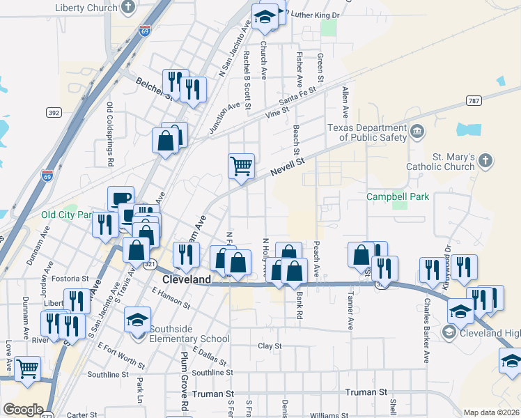 map of restaurants, bars, coffee shops, grocery stores, and more near 405 North Holly Avenue in Cleveland