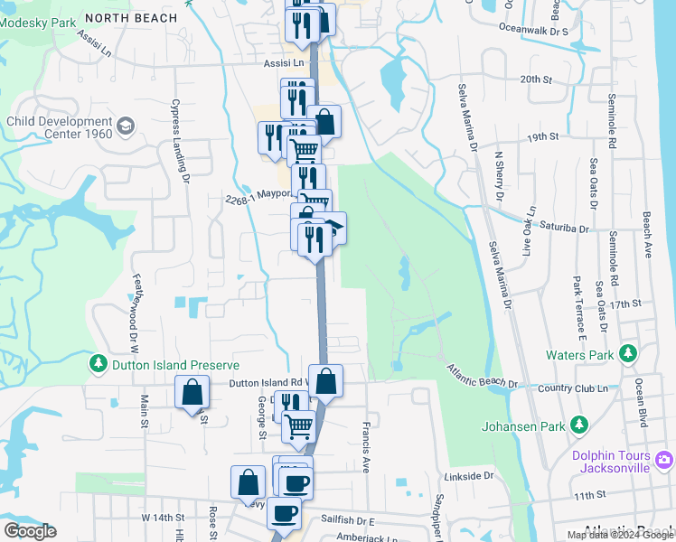 map of restaurants, bars, coffee shops, grocery stores, and more near 2131 Fairway Villas Lane South in Atlantic Beach