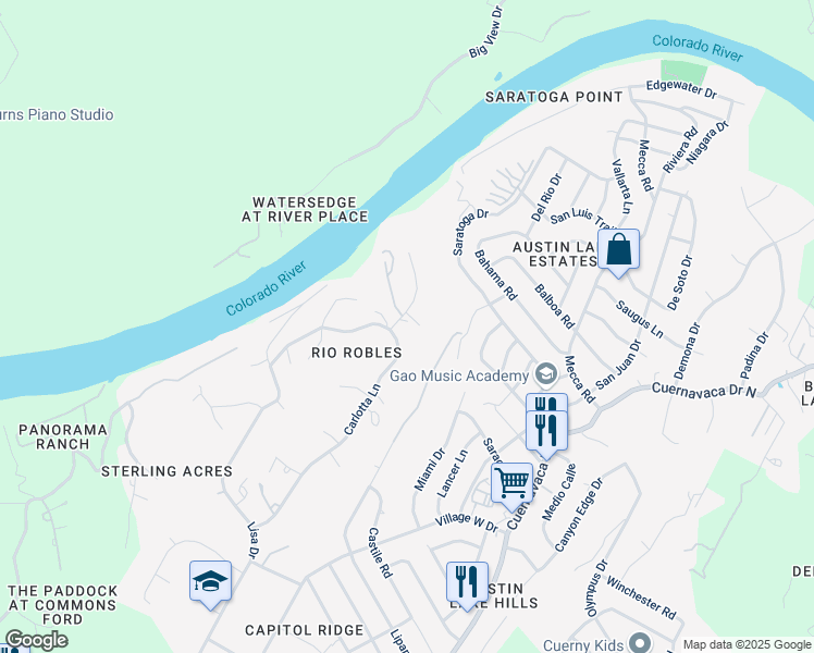 map of restaurants, bars, coffee shops, grocery stores, and more near 10105 Vista Del Sol Street in Austin