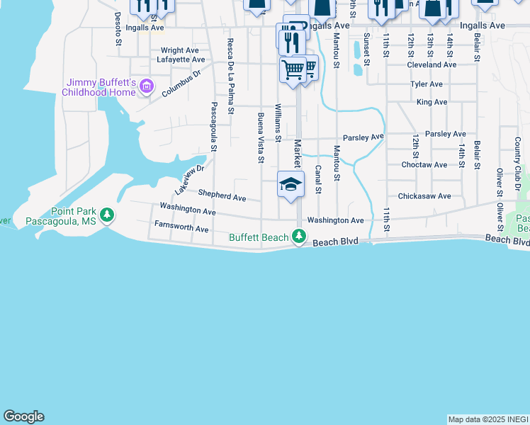 map of restaurants, bars, coffee shops, grocery stores, and more near 1403 Washington Avenue in Pascagoula