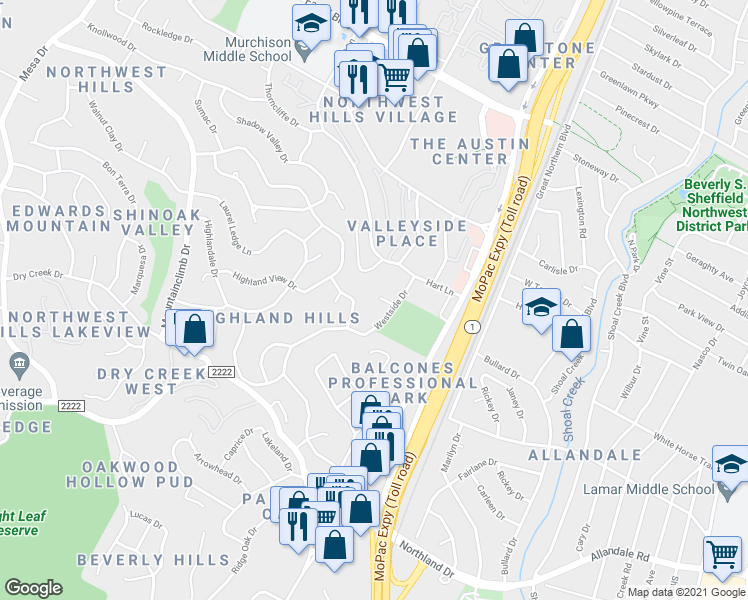 map of restaurants, bars, coffee shops, grocery stores, and more near 3407 Westside Cove in Austin