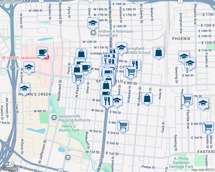 map of restaurants, bars, coffee shops, grocery stores, and more near 1728 U.S. 17 in Jacksonville