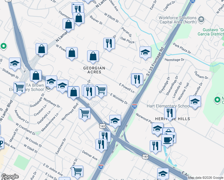 map of restaurants, bars, coffee shops, grocery stores, and more near 408 East Wonsley Drive in Austin