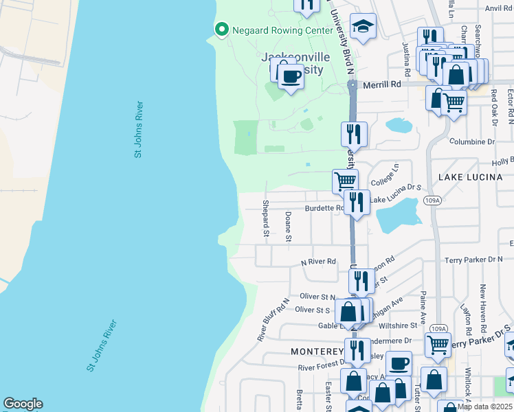 map of restaurants, bars, coffee shops, grocery stores, and more near 2240 Shepard Street in Jacksonville