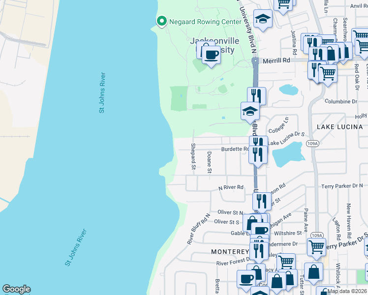 map of restaurants, bars, coffee shops, grocery stores, and more near 2240 Shepard Street in Jacksonville