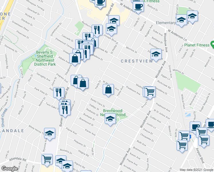 map of restaurants, bars, coffee shops, grocery stores, and more near 1908 Cullen Avenue in Austin