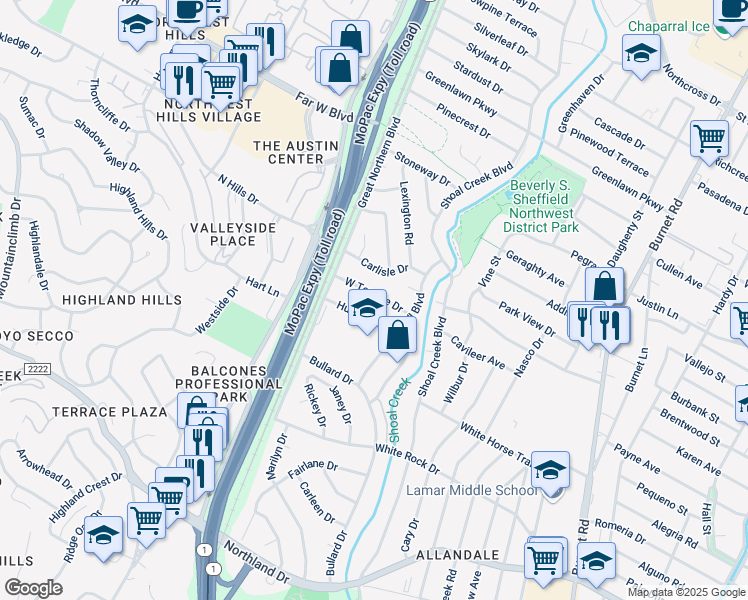 map of restaurants, bars, coffee shops, grocery stores, and more near 3102 Hunt Trail in Austin