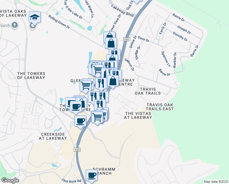 map of restaurants, bars, coffee shops, grocery stores, and more near 1901 Ranch Road 620 in Lakeway