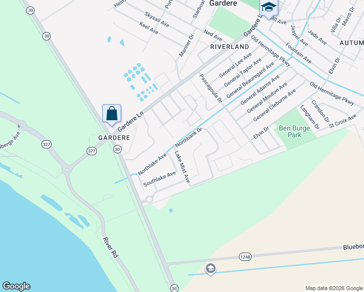 map of restaurants, bars, coffee shops, grocery stores, and more near 3051 Northbank Drive in Baton Rouge