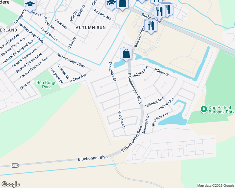 map of restaurants, bars, coffee shops, grocery stores, and more near 10355 Springpark Avenue in Baton Rouge