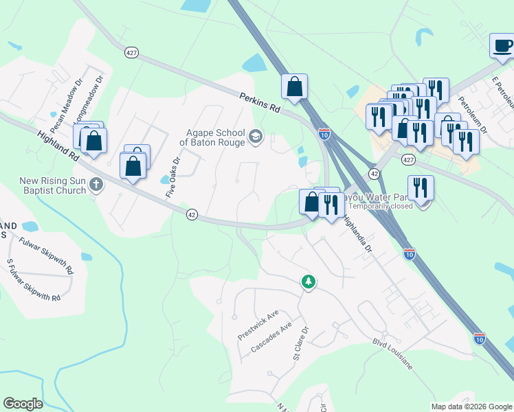 map of restaurants, bars, coffee shops, grocery stores, and more near 17812 Crossing View Court in Baton Rouge