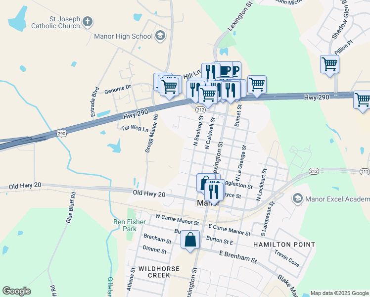 map of restaurants, bars, coffee shops, grocery stores, and more near 398 W Browning St in Manor
