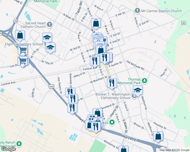 map of restaurants, bars, coffee shops, grocery stores, and more near 202 South Avenue B in Elgin
