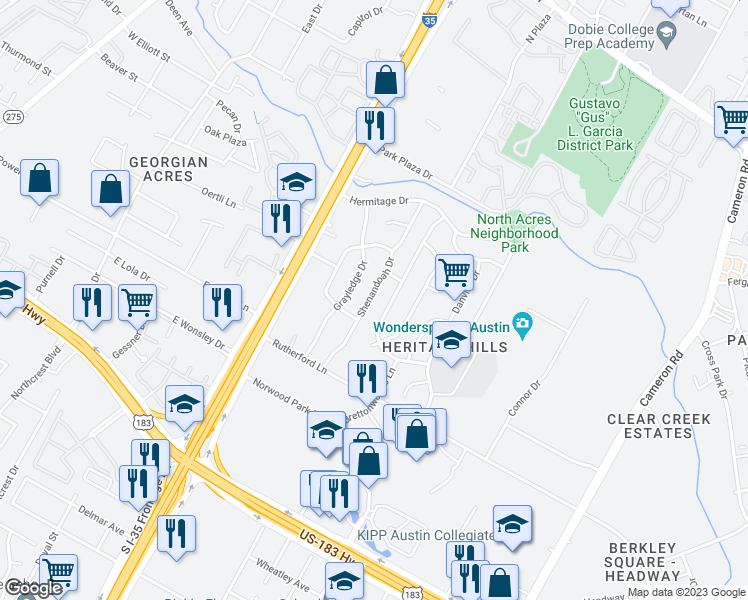 map of restaurants, bars, coffee shops, grocery stores, and more near 8307 Shenandoah Drive in Austin