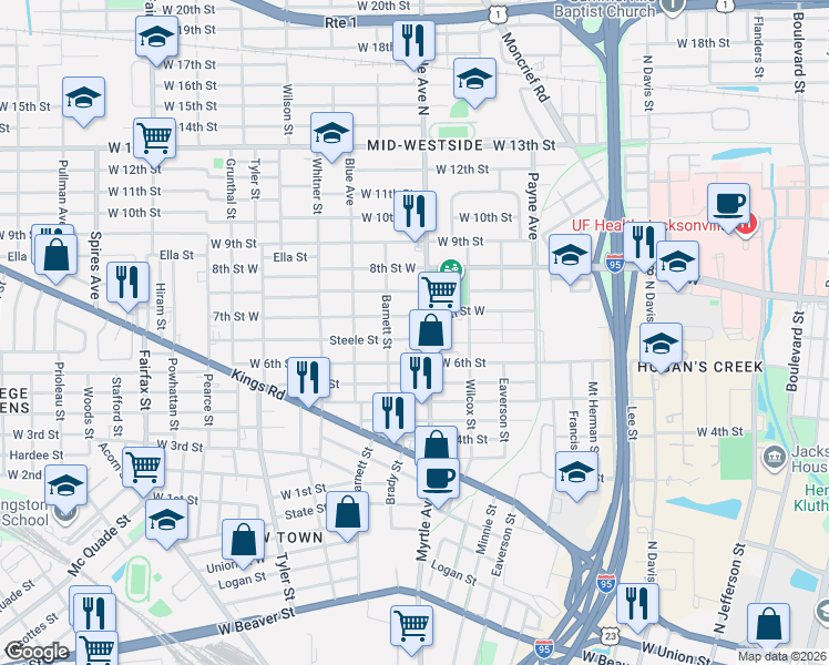 map of restaurants, bars, coffee shops, grocery stores, and more near 1333 Steele Street in Jacksonville
