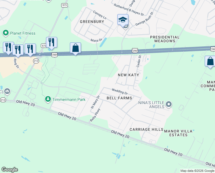 map of restaurants, bars, coffee shops, grocery stores, and more near 12708 Wedding Drive in Manor