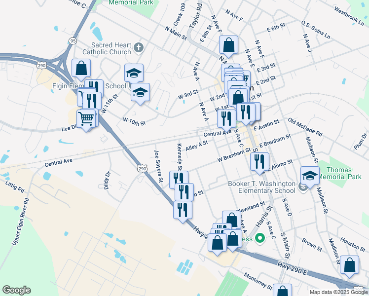 map of restaurants, bars, coffee shops, grocery stores, and more near 604 Alley A Street in Elgin