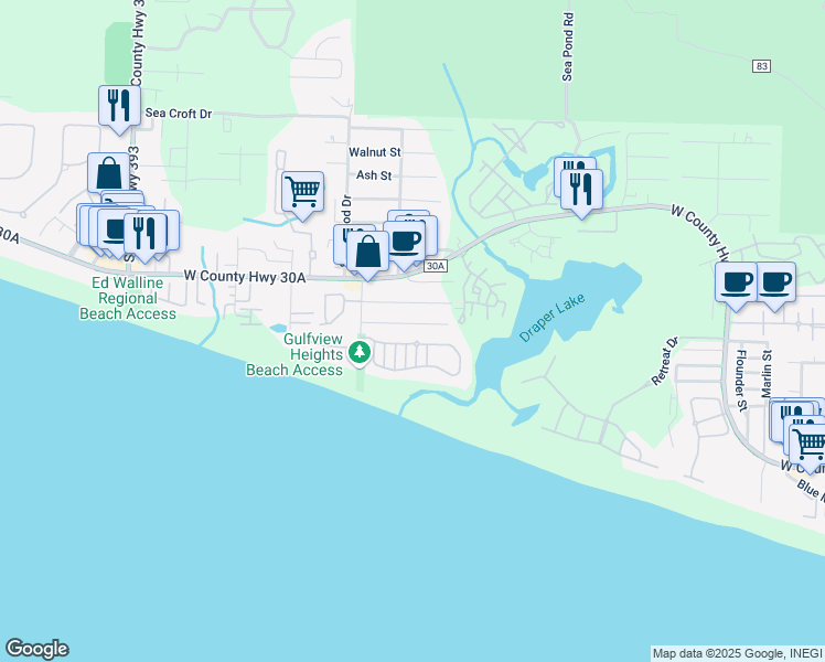 map of restaurants, bars, coffee shops, grocery stores, and more near 161 Old Beach Road in Santa Rosa Beach