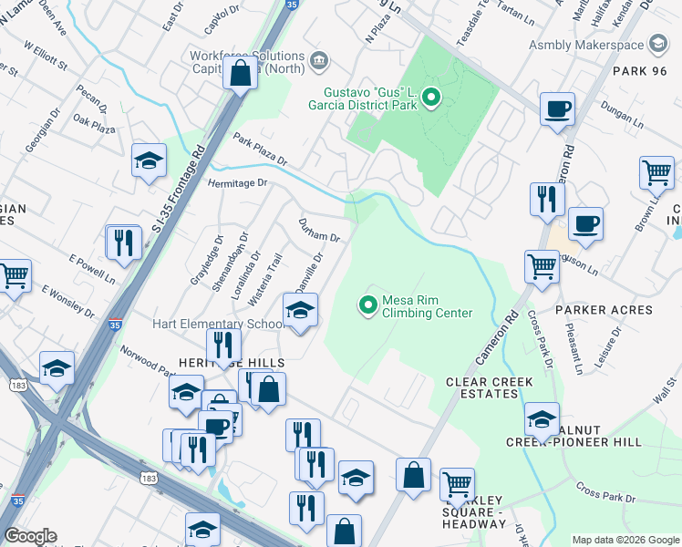 map of restaurants, bars, coffee shops, grocery stores, and more near 8505 Furness Drive in Austin