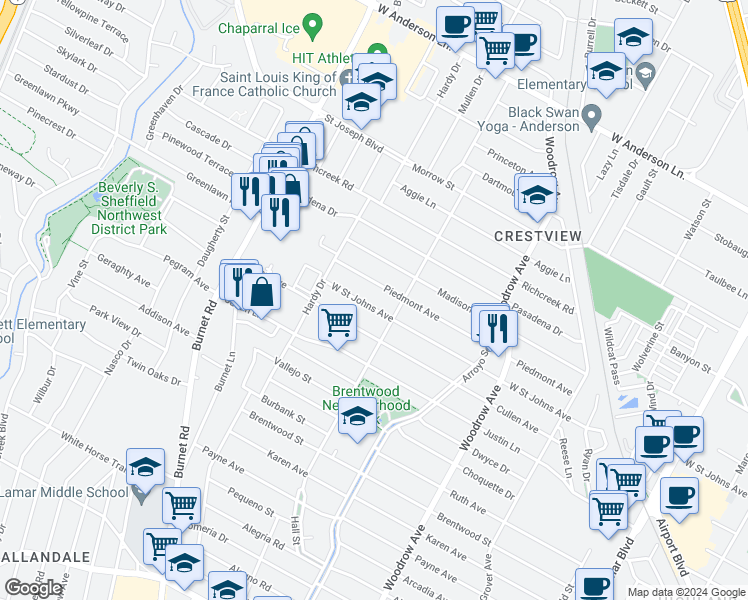 map of restaurants, bars, coffee shops, grocery stores, and more near 1812 West Saint Johns Avenue in Austin