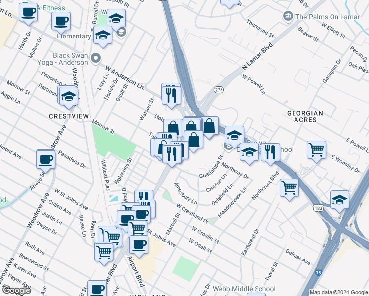 map of restaurants, bars, coffee shops, grocery stores, and more near 5117 N Lamar Blvd in Austin
