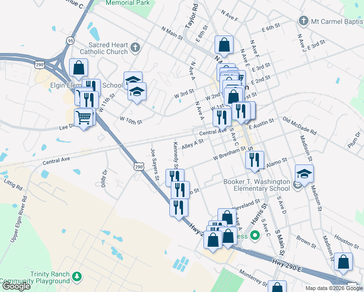 map of restaurants, bars, coffee shops, grocery stores, and more near 604 Alley A Street in Elgin