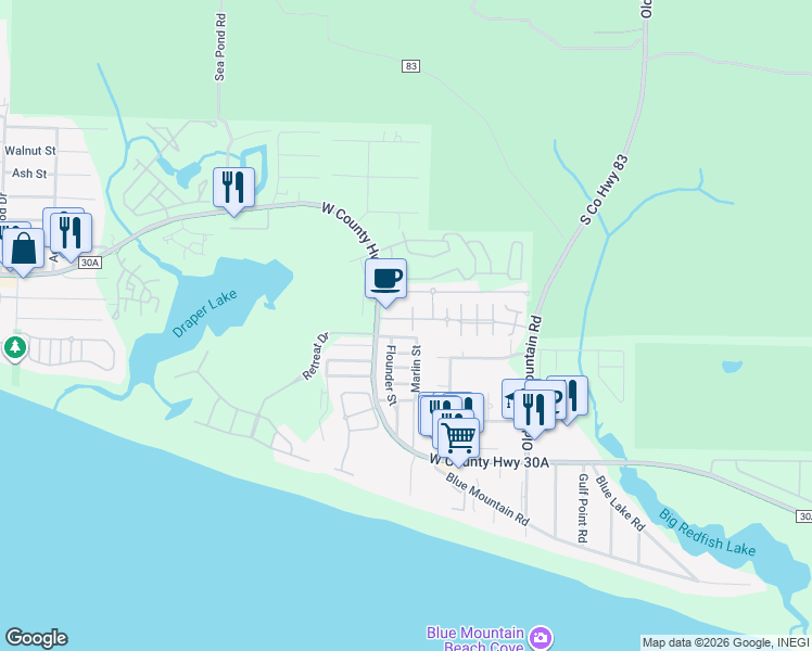 map of restaurants, bars, coffee shops, grocery stores, and more near 86 Village Boulevard in Santa Rosa Beach