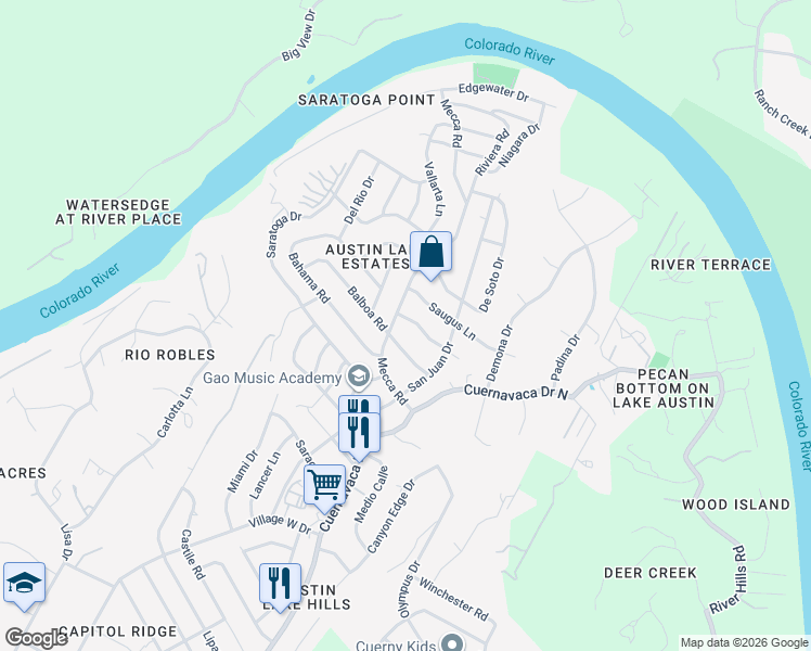 map of restaurants, bars, coffee shops, grocery stores, and more near 9803 Zion Way in Austin