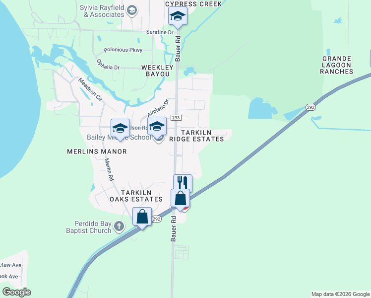map of restaurants, bars, coffee shops, grocery stores, and more near 1689 Beachside Drive in Pensacola