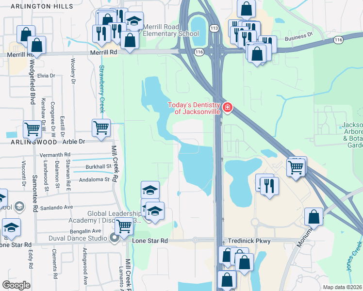 map of restaurants, bars, coffee shops, grocery stores, and more near 1987 Mathews Manor Drive in Jacksonville
