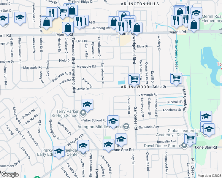 map of restaurants, bars, coffee shops, grocery stores, and more near 7504 Arble Drive in Jacksonville
