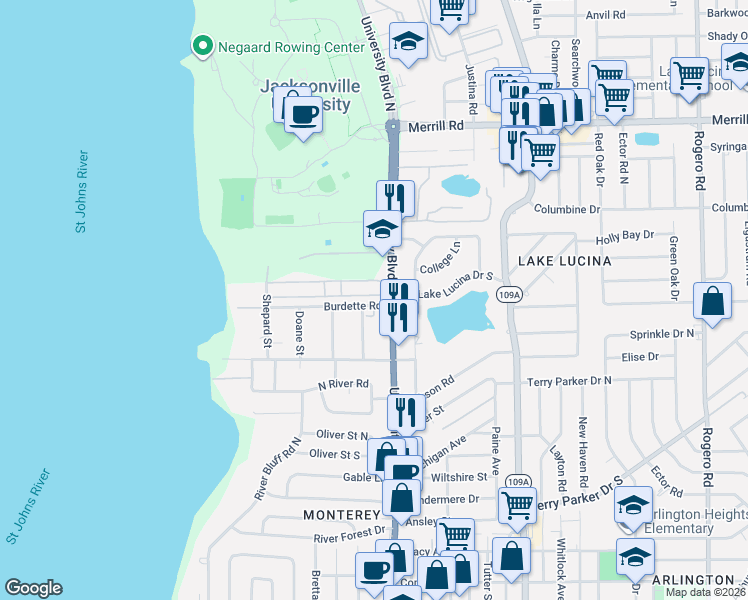 map of restaurants, bars, coffee shops, grocery stores, and more near 2242 University Boulevard North in Jacksonville