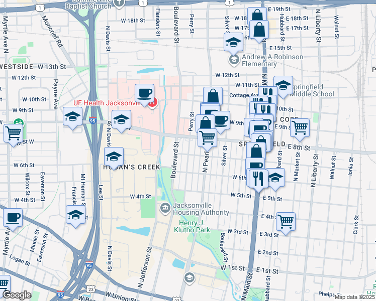 map of restaurants, bars, coffee shops, grocery stores, and more near 347 West 7th Street in Jacksonville