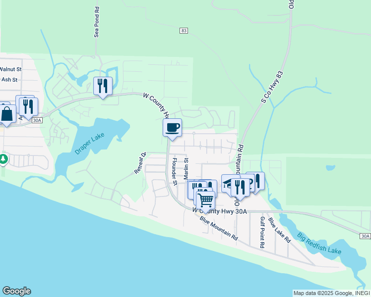 map of restaurants, bars, coffee shops, grocery stores, and more near 104 Village Boulevard in Santa Rosa Beach