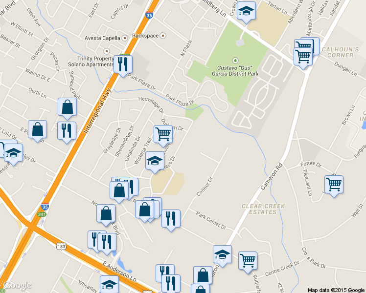 map of restaurants, bars, coffee shops, grocery stores, and more near 8500 Furness Drive in Austin