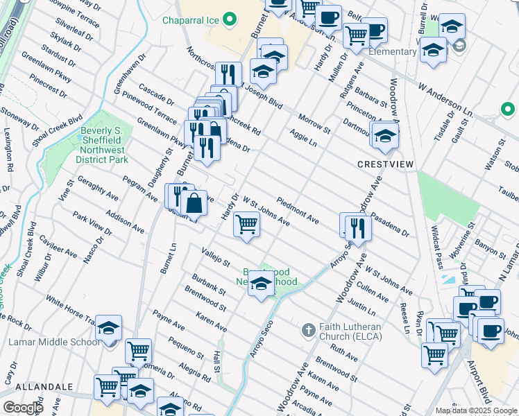 map of restaurants, bars, coffee shops, grocery stores, and more near 1812 West Saint Johns Avenue in Austin