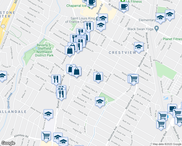 map of restaurants, bars, coffee shops, grocery stores, and more near 1908 Cullen Avenue in Austin
