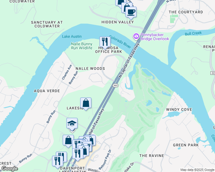 map of restaurants, bars, coffee shops, grocery stores, and more near 4700 North Capital of Texas Highway in Austin